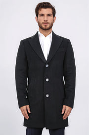 üç düğmeli mono yaka yün ve kaşmir karışımlı siyah kaban